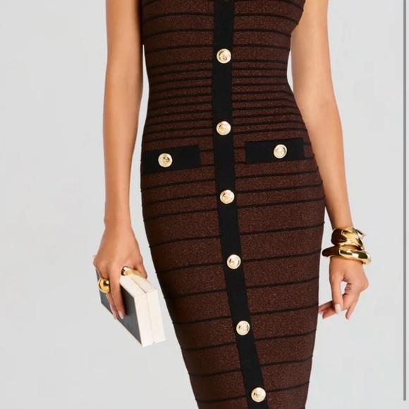 Retrofete Brown Striped Dress with Gold Accents Sz M - Picture 2 of 6